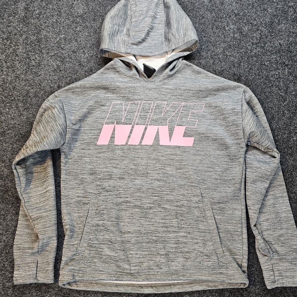 Nike Dri-Fit Youth Large Hoodie Gray Pink Logo Pullover Athletic Fleece Lined